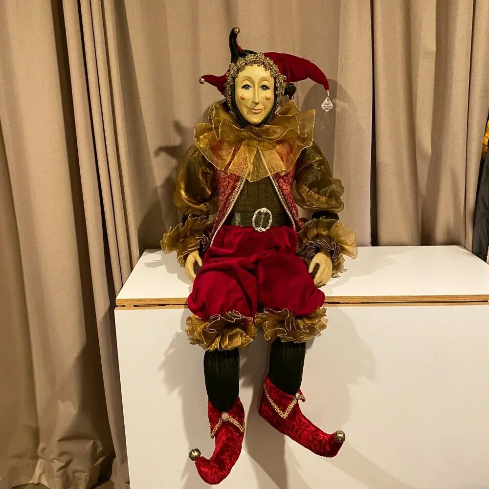 Vintage Life-Size‎ Christmas Elf Jester – 4ft Velvet Decor with Bells